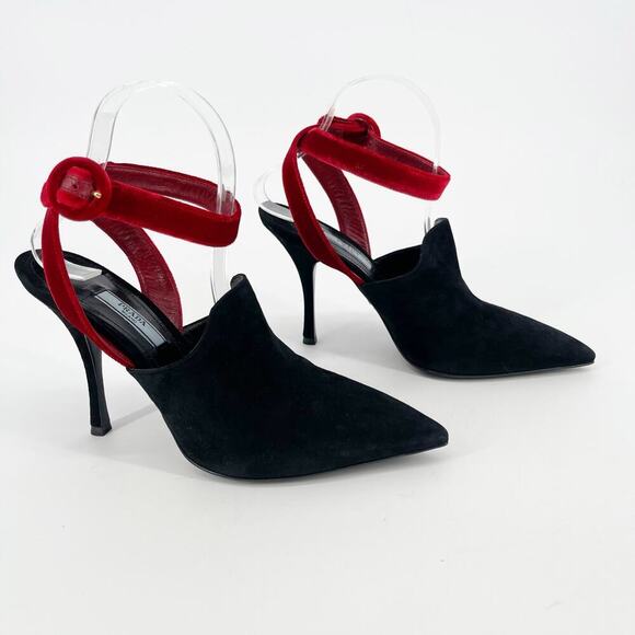 Prada Black Suede Red Velvet Ankle Strap Open Back Pointed Toe Pump IT 38.5 - Picture 2 of 12